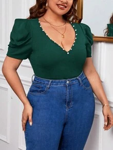 SHEIN Privé 大碼珍珠串珠泡泡袖T恤 - 墨綠色 - 查看 3