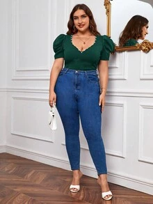 SHEIN Privé 大碼珍珠串珠泡泡袖T恤 - 墨綠色 - 查看 4