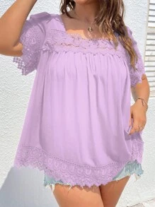 SHEIN Clasi Plus Contrast Lace Square Neck Blouse - Purple - View 1