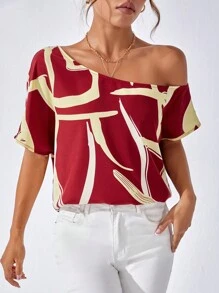 SHEIN Privé Blusa con estampado de dibujo de cuello asimétrico - Multicolor - Ver 4
