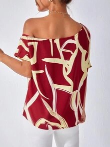 SHEIN Privé Blusa con estampado de dibujo de cuello asimétrico - Multicolor - Ver 2