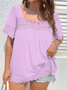 SHEIN Clasi Plus Contrast Lace Square Neck Blouse - Purple - View 3