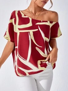SHEIN Privé Blusa con estampado de dibujo de cuello asimétrico - Multicolor - Ver 5