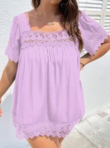 SHEIN Clasi Plus Contrast Lace Square Neck Blouse - Purple - View 4