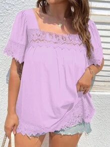 SHEIN Clasi Plus Contrast Lace Square Neck Blouse - Purple - View 5