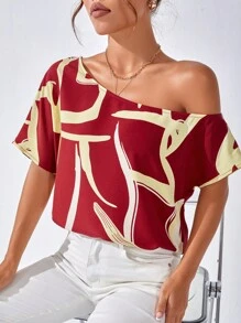 SHEIN Privé Blusa con estampado de dibujo de cuello asimétrico - Multicolor - Ver 1