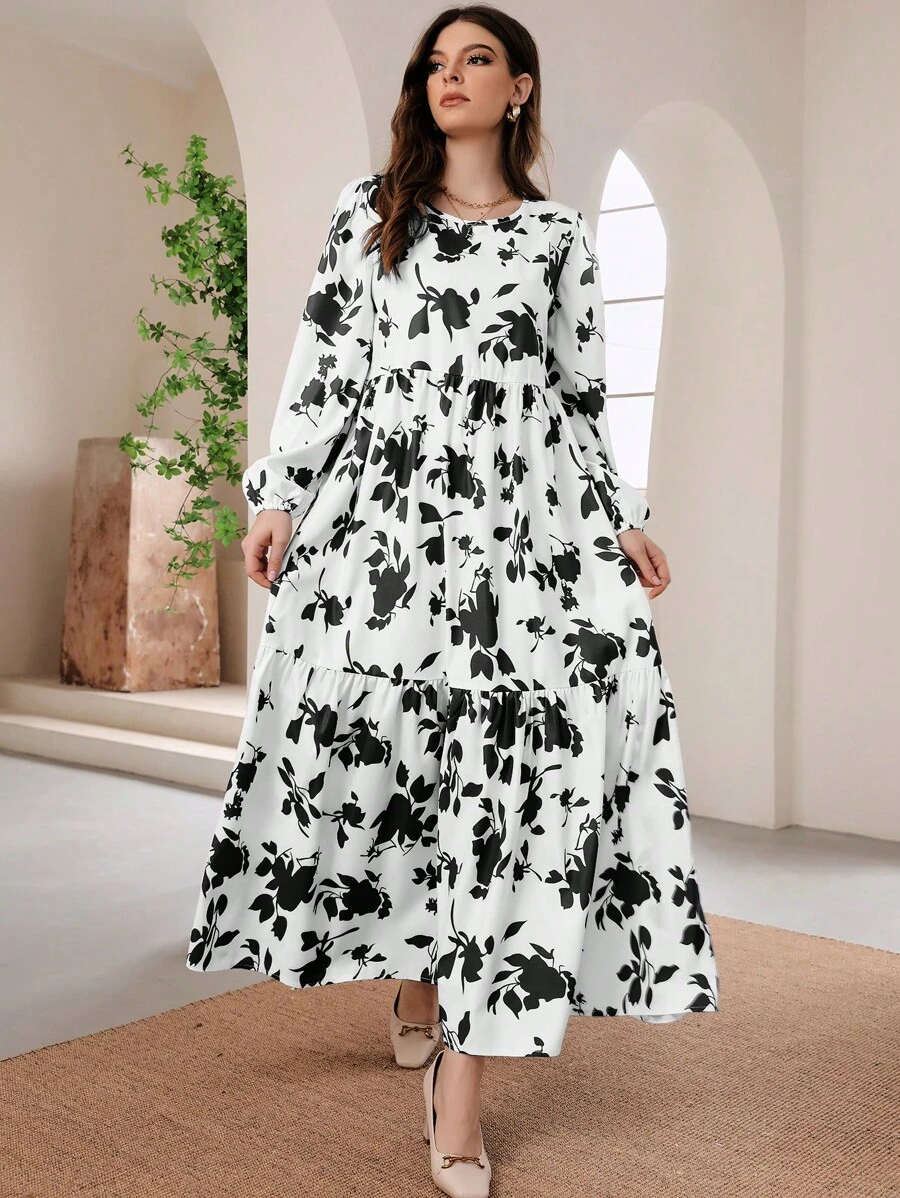 Mulvari Floral Print Long Lantern Sleeve Ruffle Hem Smock Modest Dress - Black and White - View 1