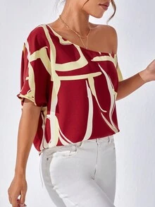 SHEIN Privé Blusa con estampado de dibujo de cuello asimétrico - Multicolor - Ver 3