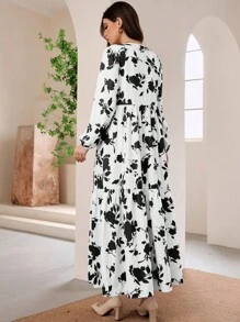 Mulvari Floral Print Long Lantern Sleeve Ruffle Hem Smock Modest Dress - Black and White - View 2
