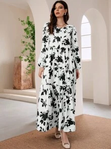 Mulvari Floral Print Long Lantern Sleeve Ruffle Hem Smock Modest Dress - Black and White - View 3