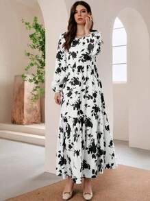 Mulvari Floral Print Long Lantern Sleeve Ruffle Hem Smock Modest Dress - Black and White - View 4