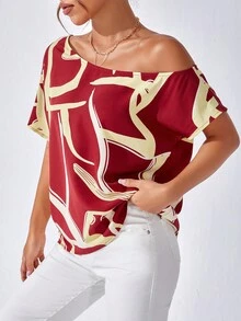 SHEIN Privé Blusa con estampado de dibujo de cuello asimétrico - Multicolor - Ver 6