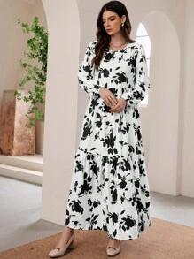 Mulvari Floral Print Long Lantern Sleeve Ruffle Hem Smock Modest Dress - Black and White - View 5