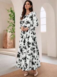Mulvari Floral Print Long Lantern Sleeve Ruffle Hem Smock Modest Dress - Black and White - View 7