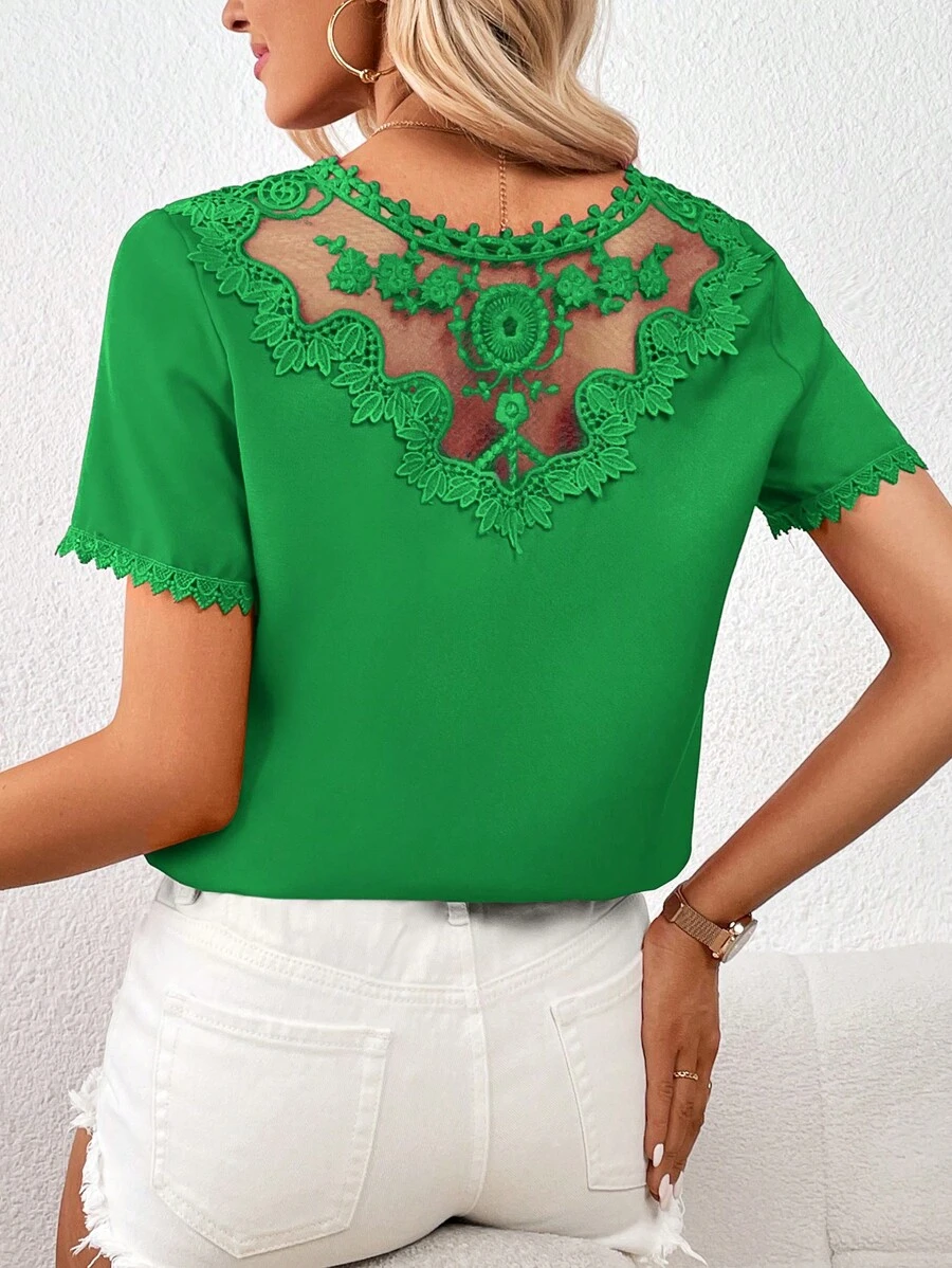 SHEIN Privé Contrast Embroidery Mesh Solid Blouse - Green - View 1