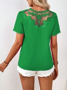 SHEIN Privé Contrast Embroidery Mesh Solid Blouse - Green - View 5