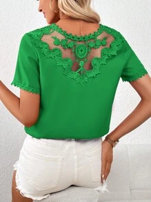 SHEIN Privé Contrast Embroidery Mesh Solid Blouse - Green - View 6