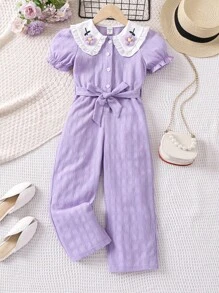 SHEIN 小女童貼花彼得潘領泡泡袖腰帶連身褲 - 紫色 - 查看 1