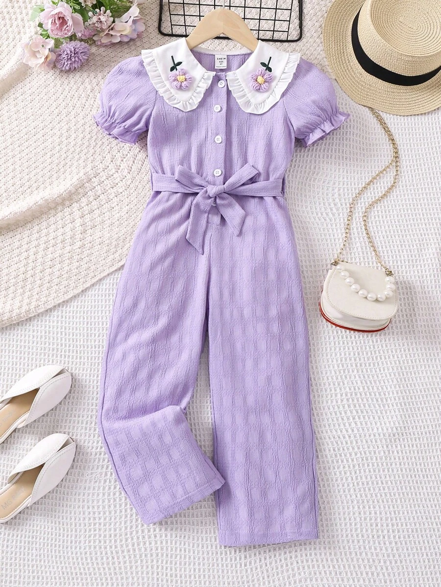 SHEIN 小女童貼花彼得潘領泡泡袖腰帶連身褲 - 紫色 - 查看 1