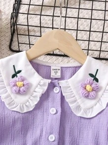 SHEIN 小女童貼花彼得潘領泡泡袖腰帶連身褲 - 紫色 - 查看 3