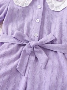 SHEIN 小女童貼花彼得潘領泡泡袖腰帶連身褲 - 紫色 - 查看 4