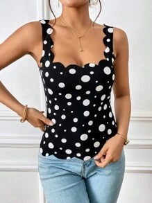 SHEIN Privé 波卡圓點貝殼邊背心上衣 - 黑與白 - 查看 6
