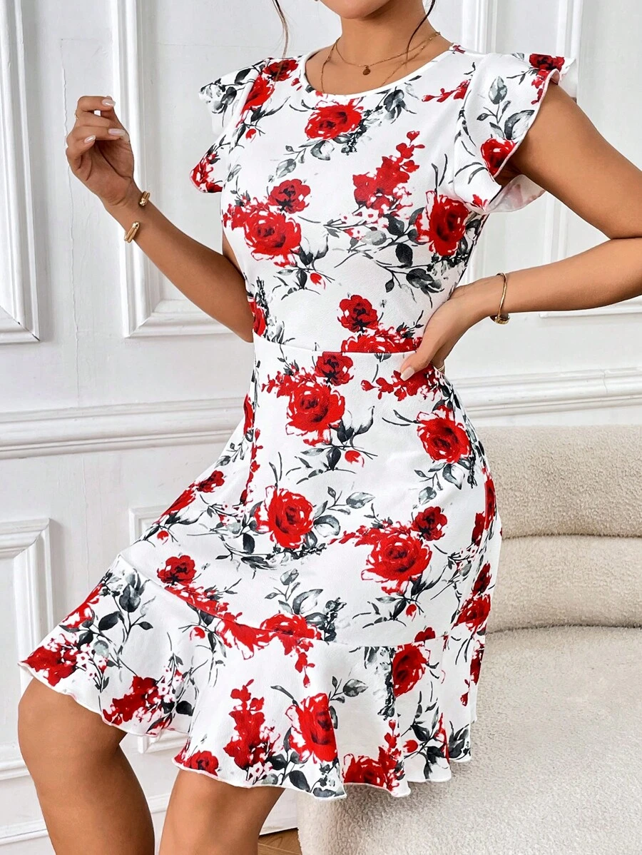 SHEIN Privé 滿版印花荷葉邊連衣裙 - 彩色 - 查看 1