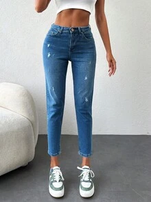 EURMUSE 素色九分破洞牛仔褲 - 中等水洗藍 - 查看 3