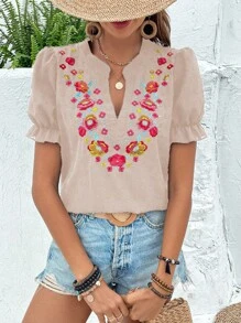 SHEIN VCAY Floral Embroidery Notched Neckline Puff Sleeve Blouse