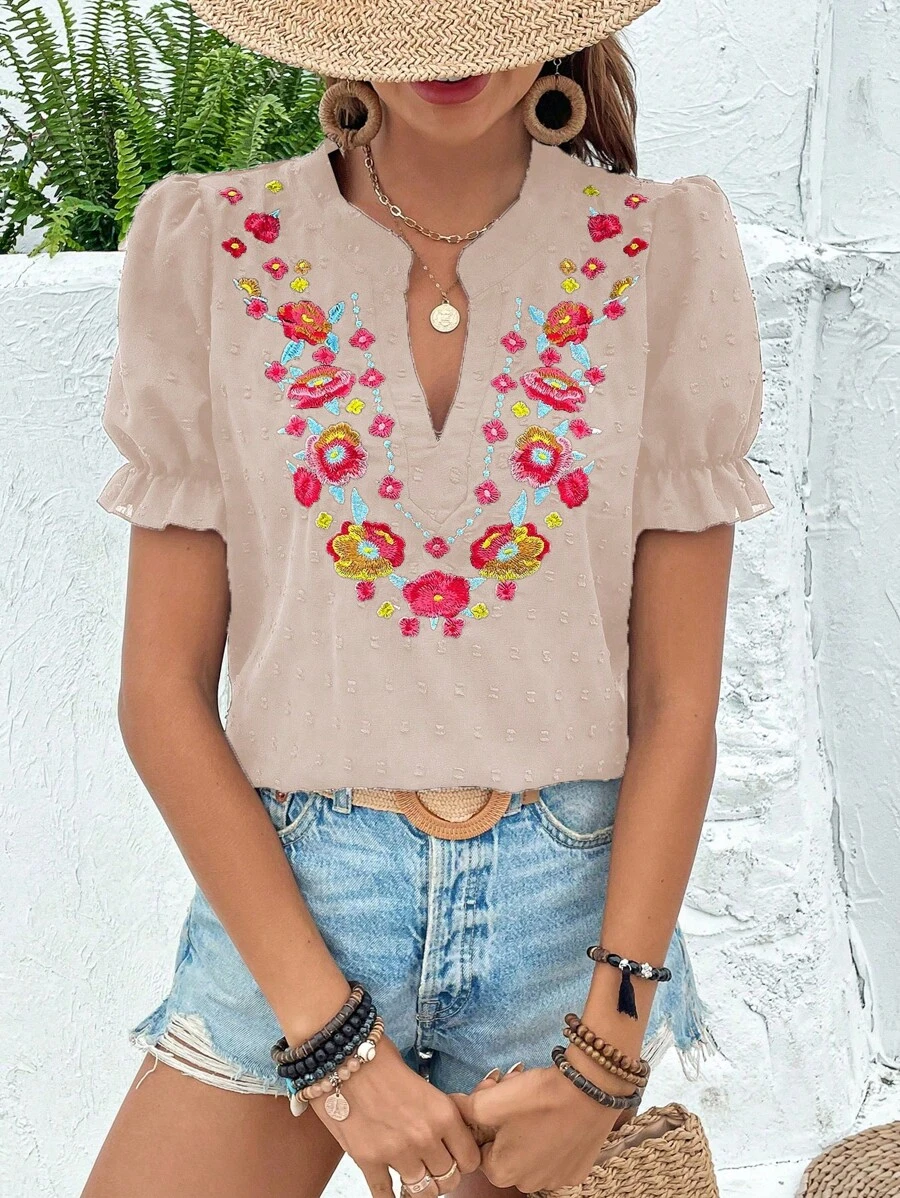SHEIN VCAY Floral Embroidery Notched Neckline Puff Sleeve Blouse
