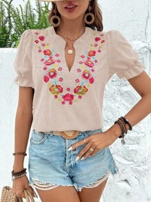 SHEIN VCAY Floral Embroidery Notched Neckline Puff Sleeve Blouse
