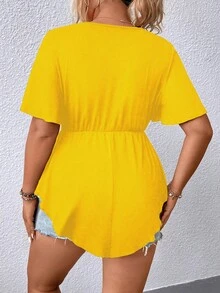 SHEIN LUNE Áo thun Plus size Viên lá sen Trọn gói Khối Màu Giải trí - Màu vàng - Xem 2