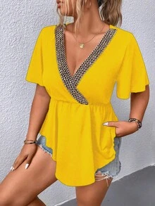 SHEIN LUNE Áo thun Plus size Viên lá sen Trọn gói Khối Màu Giải trí - Màu vàng - Xem 5