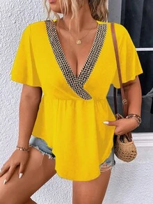 SHEIN LUNE Áo thun Plus size Viên lá sen Trọn gói Khối Màu Giải trí - Màu vàng - Xem 7