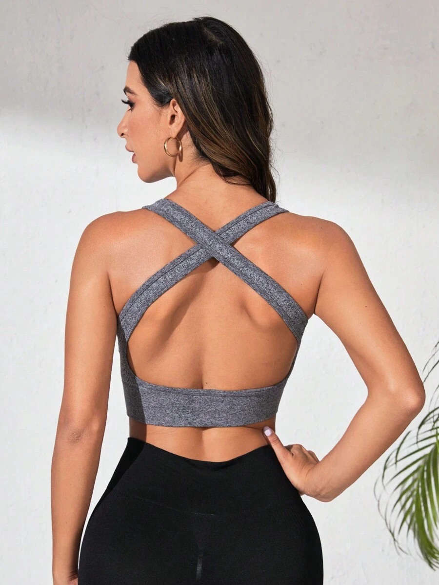 Yoga Trendy 露背交叉運動背心 - 灰色 - 查看 1