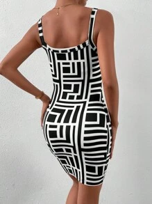 SHEIN Privé Geo Print Cami Bodycon Dress - Black and White - View 2