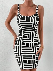 SHEIN Privé Geo Print Cami Bodycon Dress - Black and White - View 7