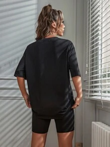 SHEIN Unity Bộ đồ hai mảnh nữ Lá thư Giải trí - màu đen - Xem 2
