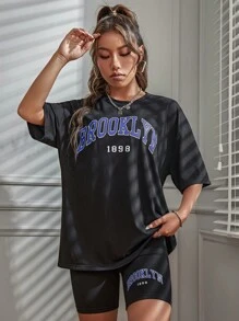 SHEIN Unity Bộ đồ hai mảnh nữ Lá thư Giải trí - màu đen - Xem 3