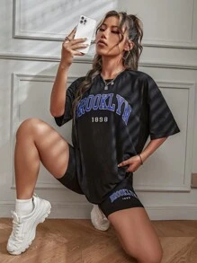 SHEIN Unity Bộ đồ hai mảnh nữ Lá thư Giải trí - màu đen - Xem 5