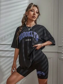 SHEIN Unity Bộ đồ hai mảnh nữ Lá thư Giải trí - màu đen - Xem 6