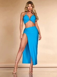 SHEIN BAE 素色後背繫帶繞頸短上衣和高衩半身裙 - 薄荷藍 - 查看 5