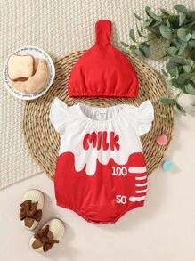 SHEIN Perso Play 嬰兒字母圖案荷葉邊戲服連體衣&帽