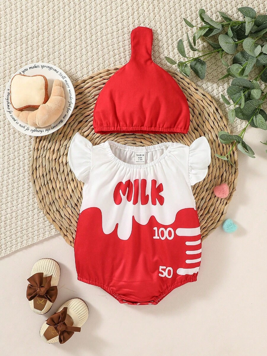 SHEIN Perso Play 嬰兒字母圖案荷葉邊戲服連體衣&帽