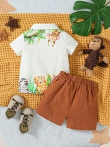 嬰兒男童動物印花襯衫與斜口口袋短褲 - 彩色 - 查看 2