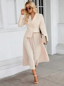 SHEIN BIZwear 西裝領不對稱下擺西裝外套和百褶半身裙工作服 - 米色 - 查看 4