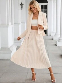 SHEIN BIZwear 西裝領不對稱下擺西裝外套和百褶半身裙工作服 - 米色 - 查看 6