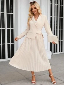 SHEIN BIZwear 西裝領不對稱下擺西裝外套和百褶半身裙工作服 - 米色 - 查看 1