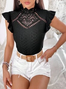 SHEIN VCAY Áo thun nữ Nút Tương phản ren Xù màu trơn Giải trí - màu đen - Xem 1