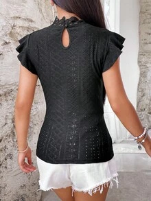 SHEIN VCAY Áo thun nữ Nút Tương phản ren Xù màu trơn Giải trí - màu đen - Xem 2